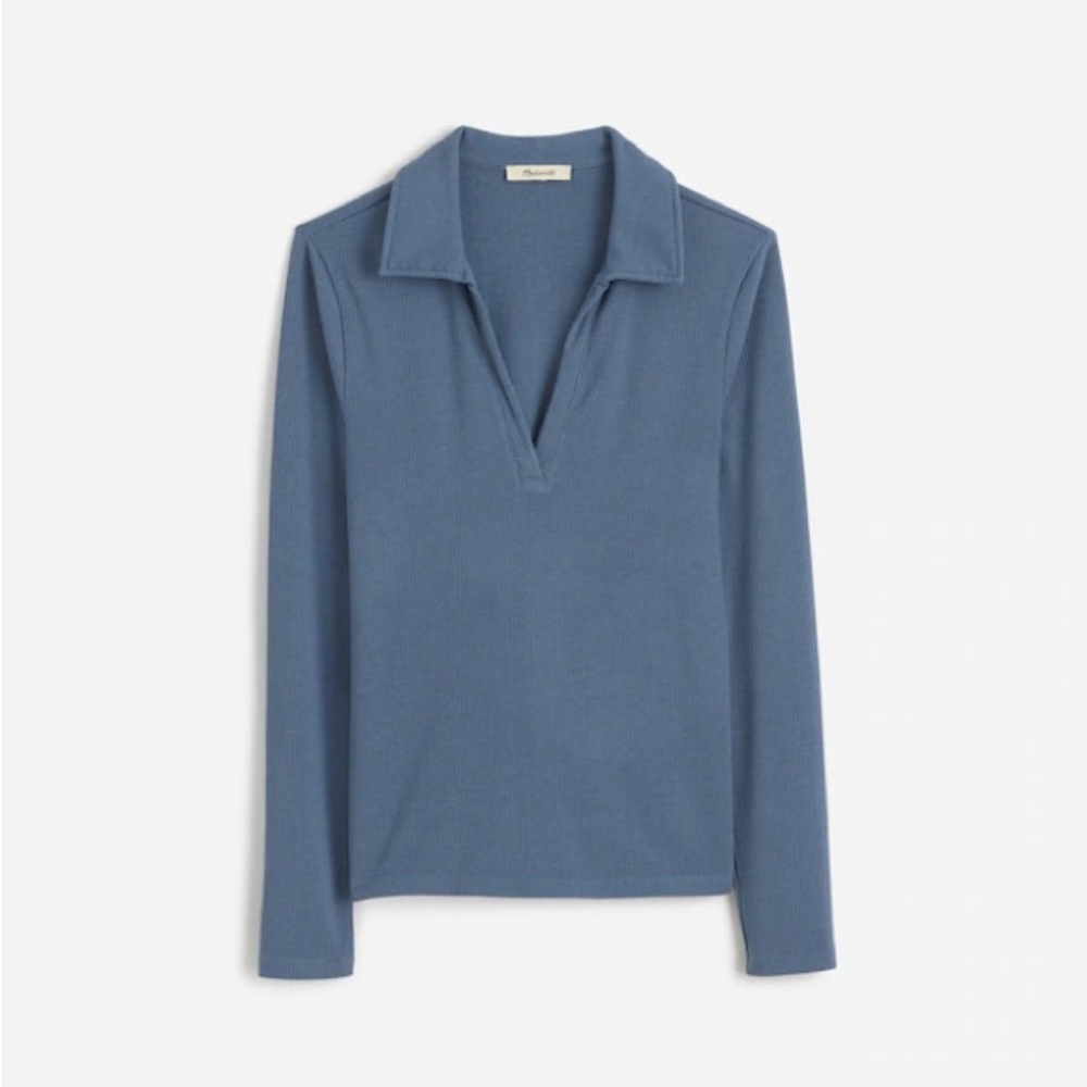 Madewell Slate Blue Ribbed V-Neck Polo Long-Sleeve Top